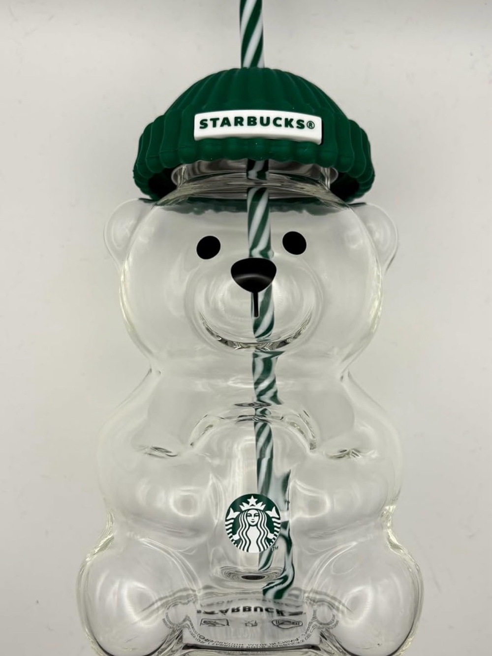 Starbucks Clear Bear-Shaped Glass Tumbler with Green Hat and Striped Straw - Picture 2 of 3